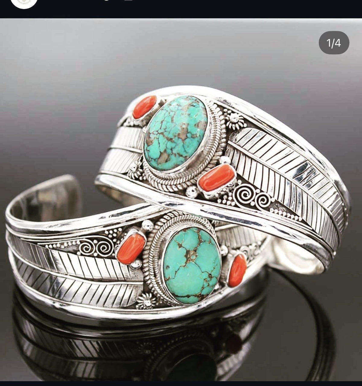 Turquoise coral silver cuff pair
