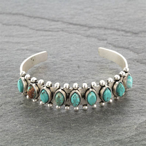 Marquise Turquoise Antiqued Silver Open Cuff
