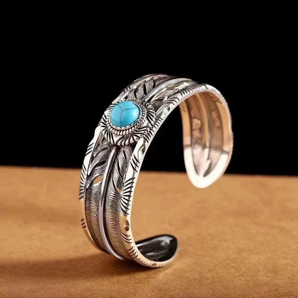 Turquoise Feather Silver Open Cuff Bracelet