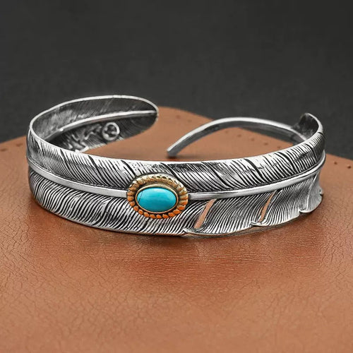 Antiqued Silver Feather Turquoise Cuff Bracelet