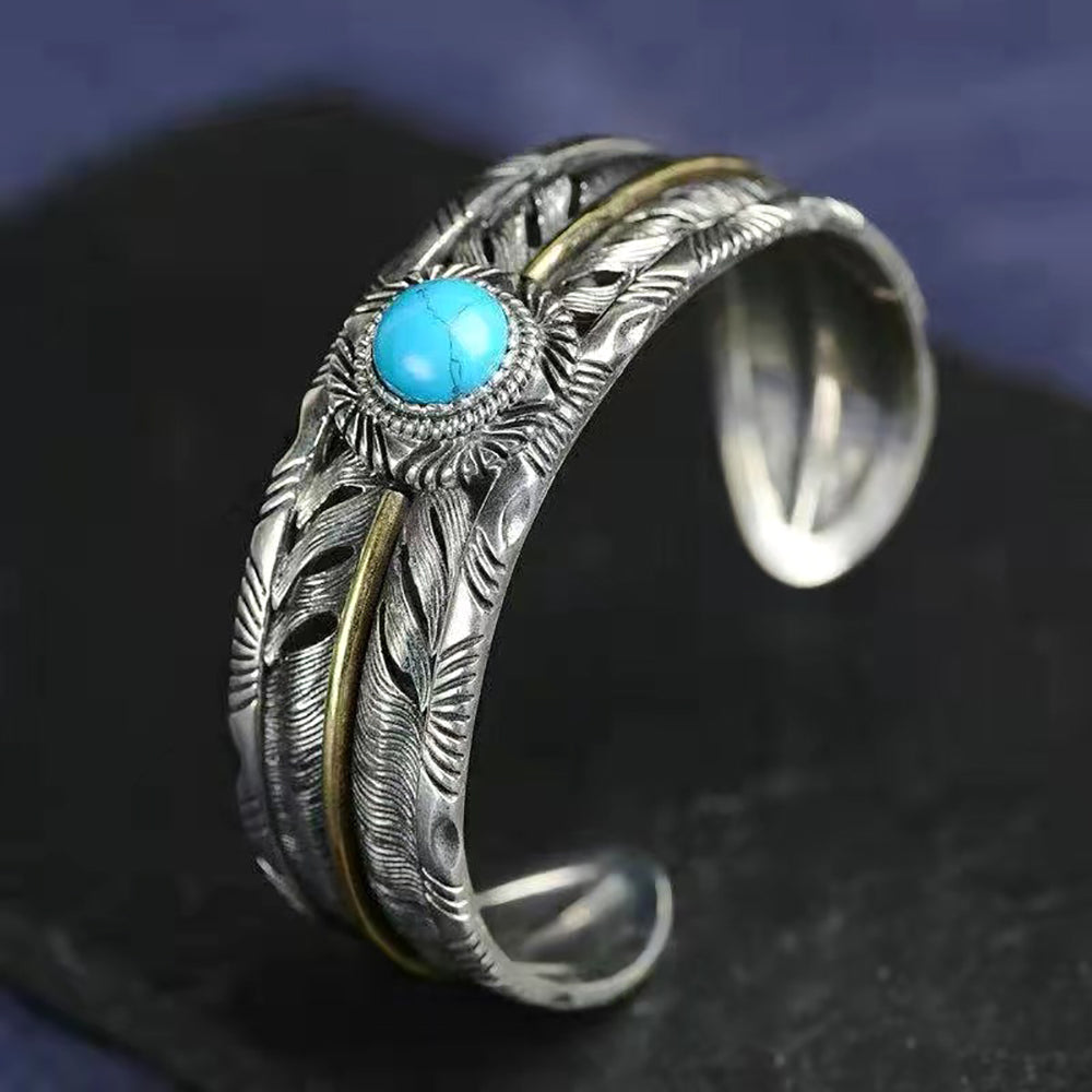 Turquoise Coral Silver Feather Cuff Bracelet