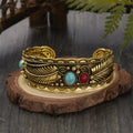 Gold Feather Turquoise Coral Open Cuff Bracelet
