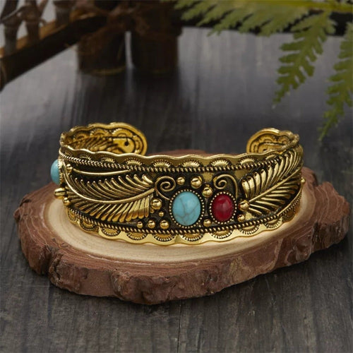 Gold Feather Turquoise Coral Open Cuff Bracelet