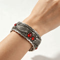 Silver Feather Scrollwork Red Stone Cuff Bracelet