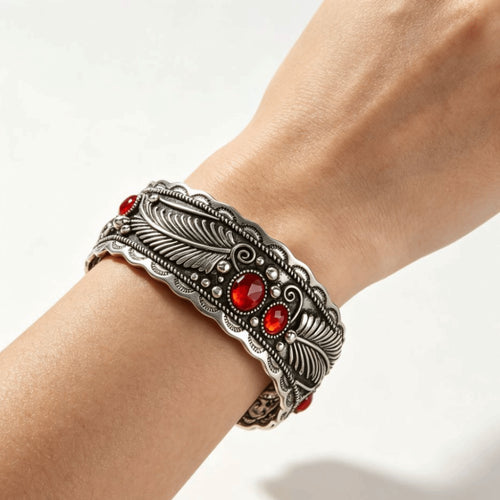 Silver Feather Scrollwork Red Stone Cuff Bracelet