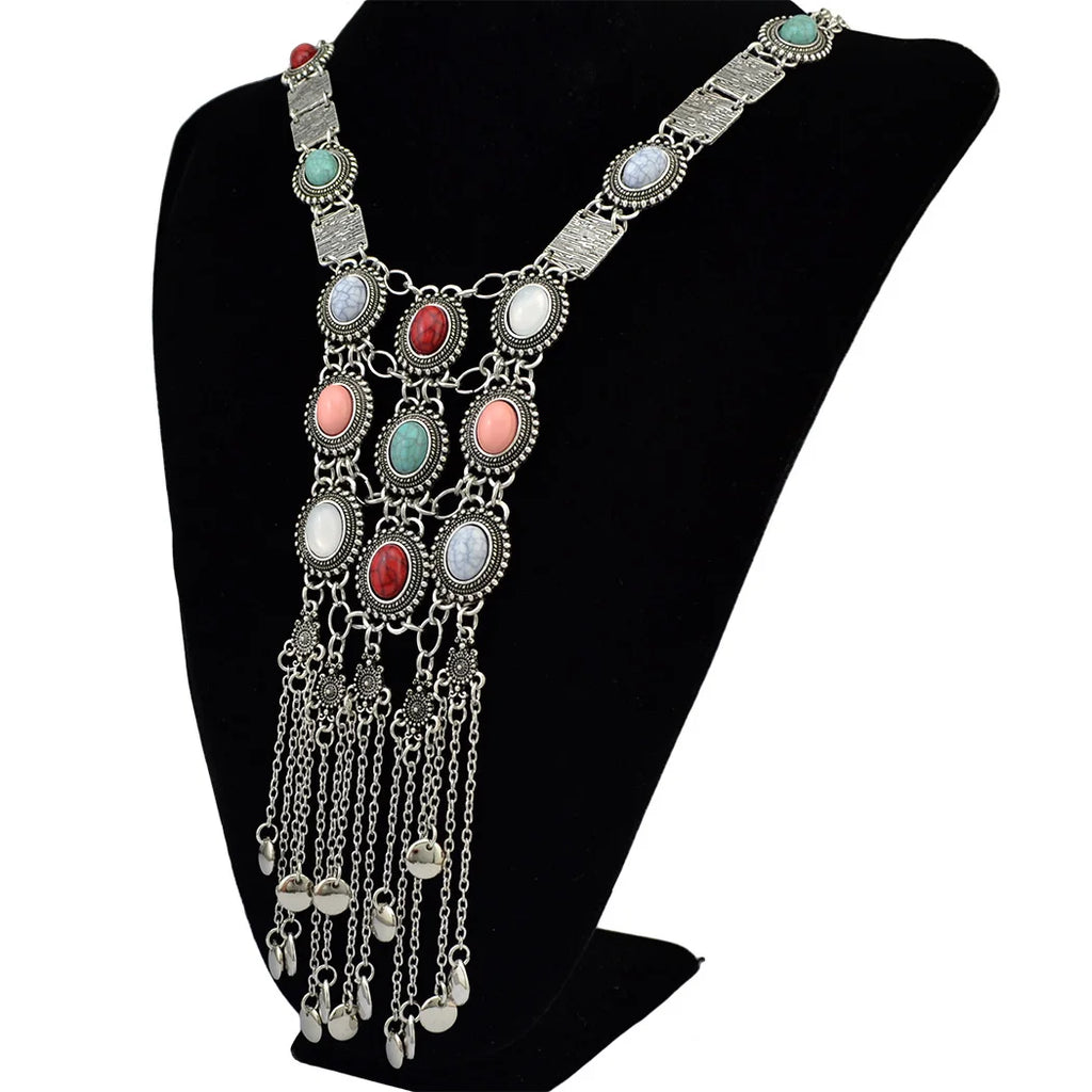 Turquoise and Coral Tassel Bib Necklace