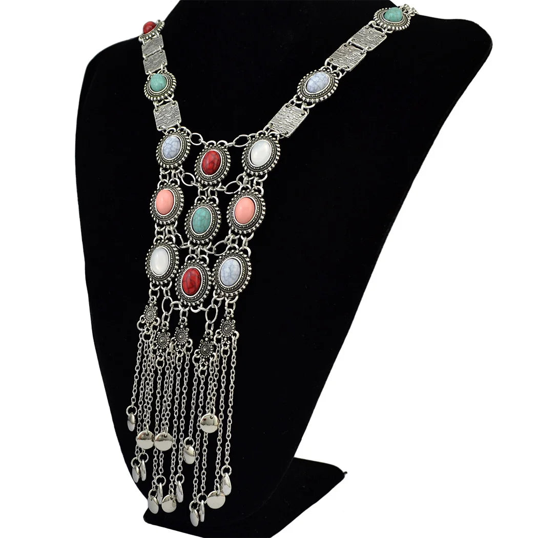 Turquoise and Coral Tassel Bib Necklace