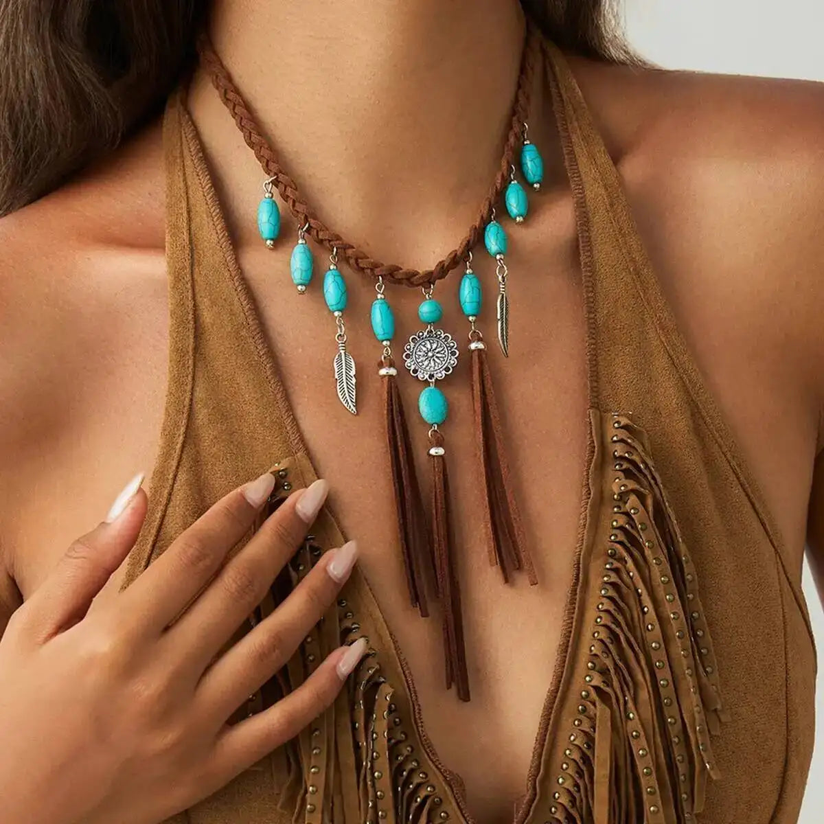 Turquoise Concho Suede Fringe Necklace