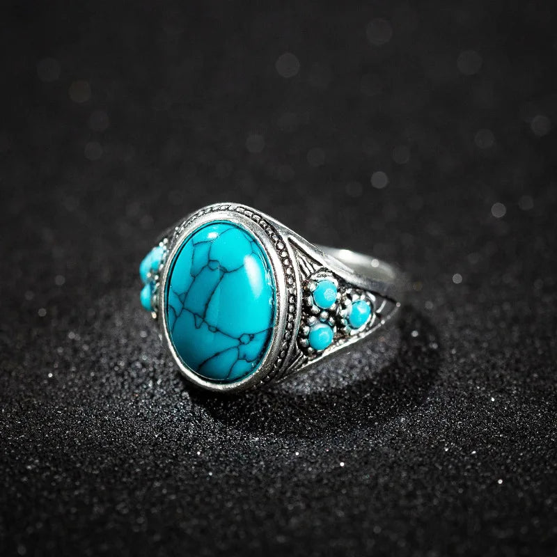 Oval Turquoise Antiqued Silver Statement Ring