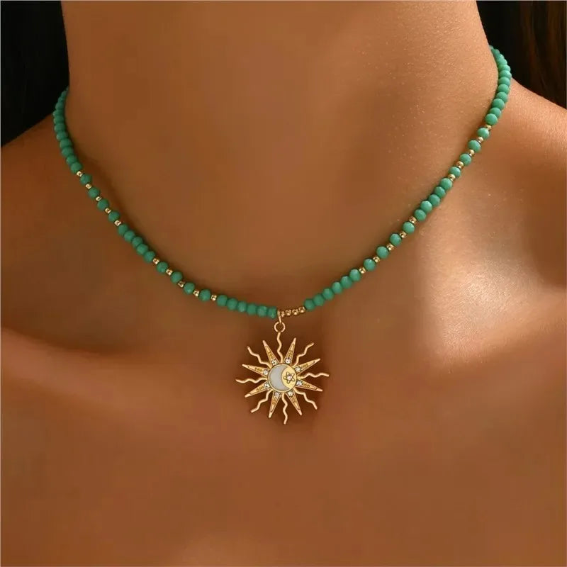 Turquoise Bead Sunburst Pendant Necklace