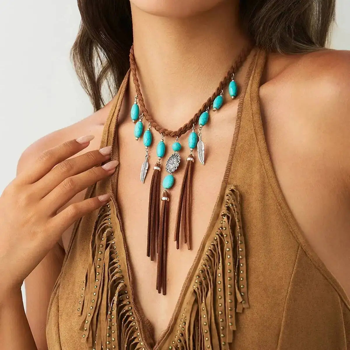 Turquoise Concho Suede Fringe Necklace