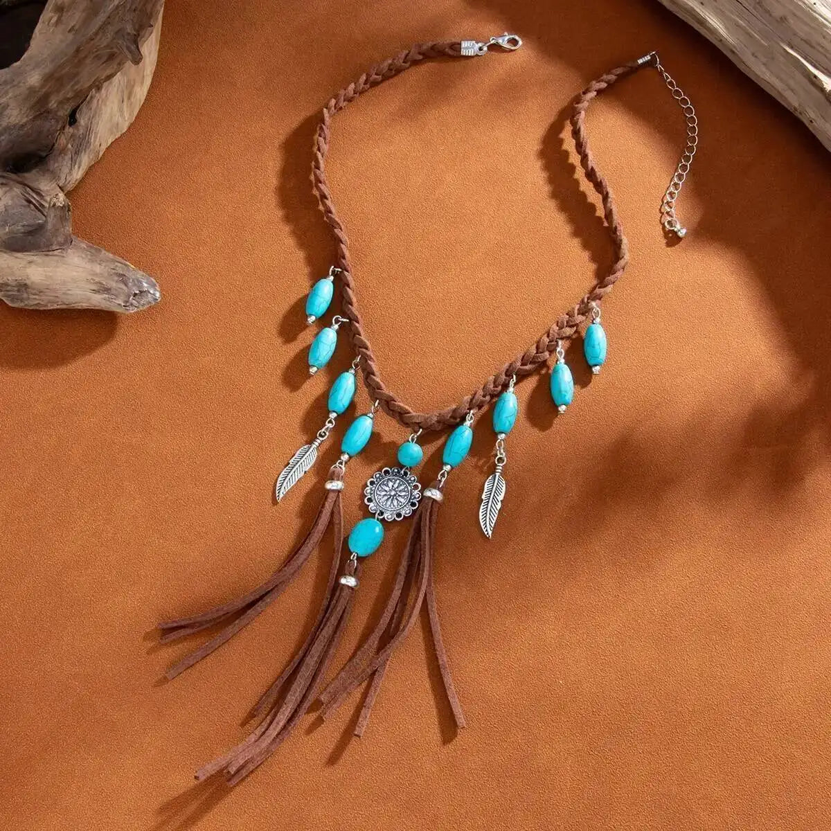 Turquoise Concho Suede Fringe Necklace