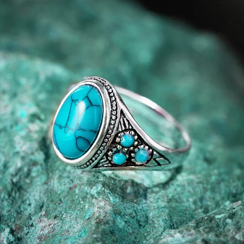 Oval Turquoise Antiqued Silver Statement Ring
