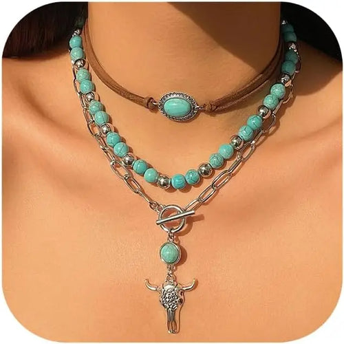 Layered Turquoise Steer Head Necklace Set