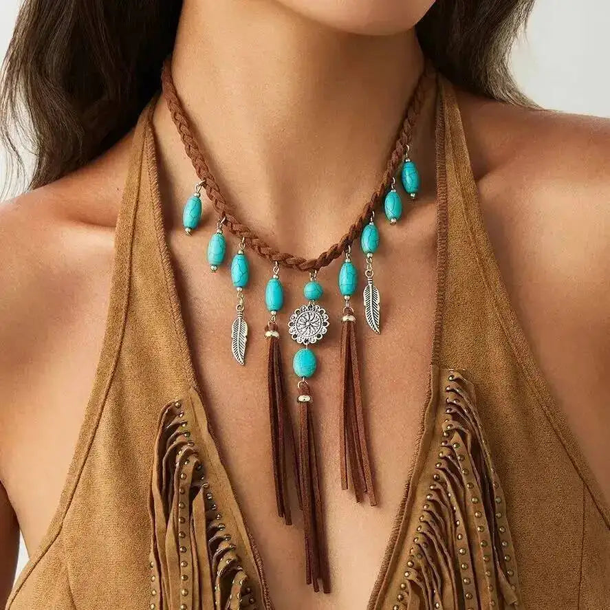 Turquoise Concho Suede Fringe Necklace