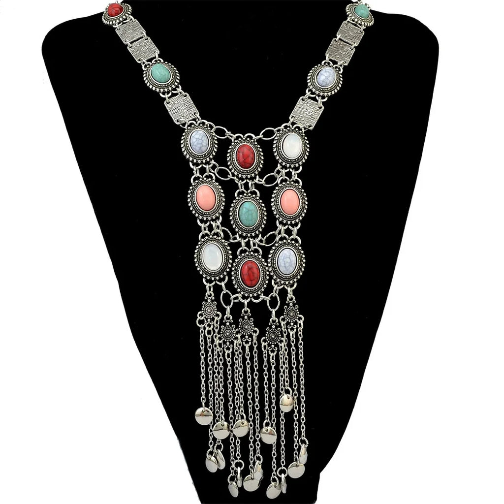 Turquoise and Coral Tassel Bib Necklace