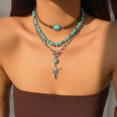 Layered Turquoise Steer Head Necklace Set