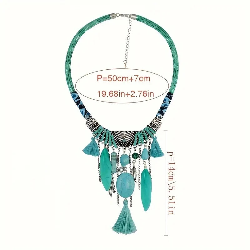 Turquoise Feather Tassel Statement Necklace