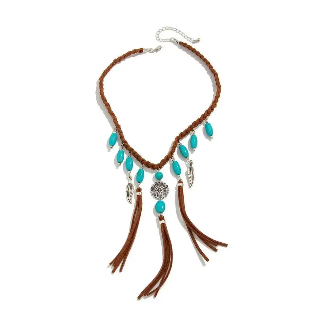 Turquoise Concho Suede Fringe Necklace