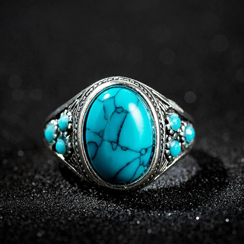 Oval Turquoise Antiqued Silver Statement Ring