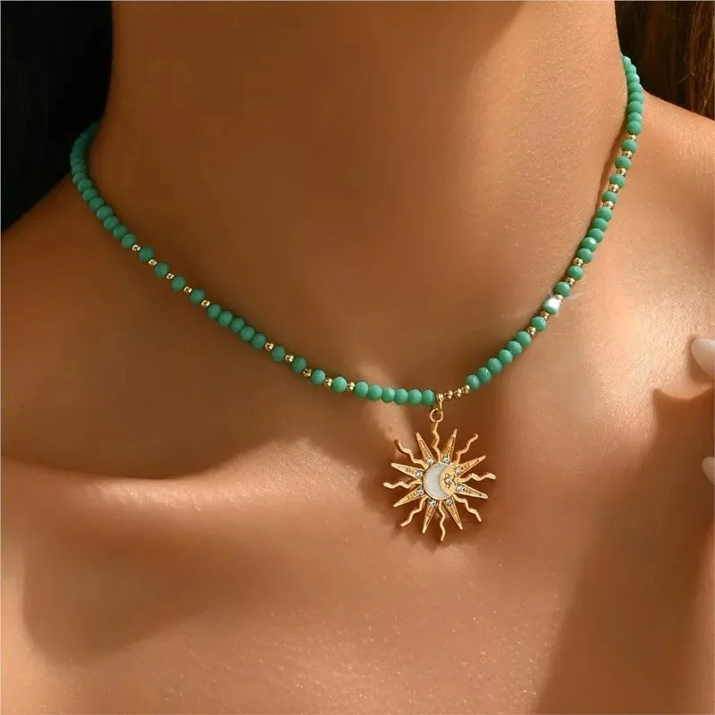 Turquoise Bead Sunburst Pendant Necklace