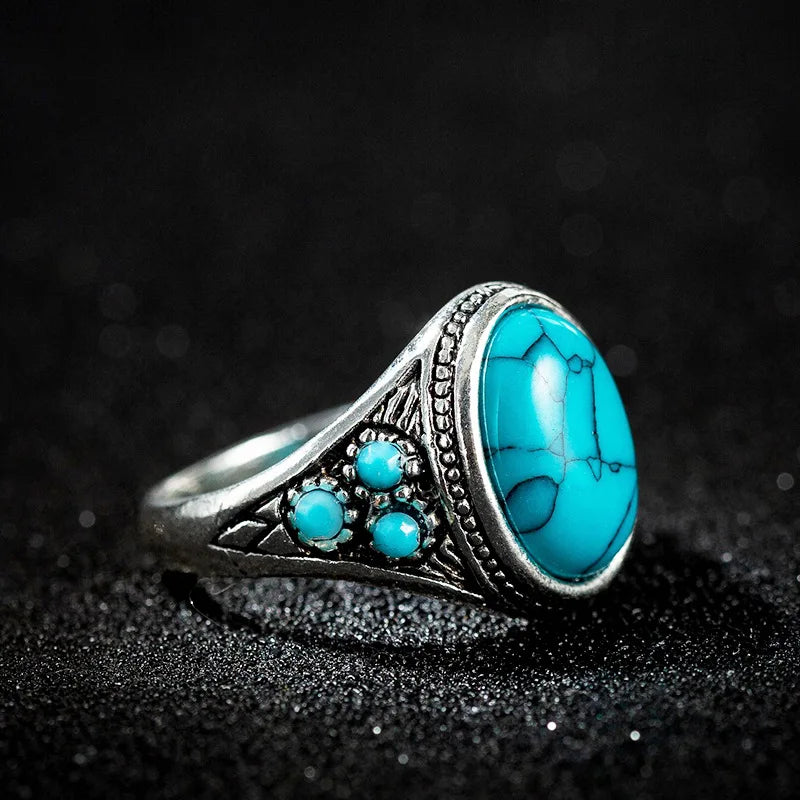 Oval Turquoise Antiqued Silver Statement Ring