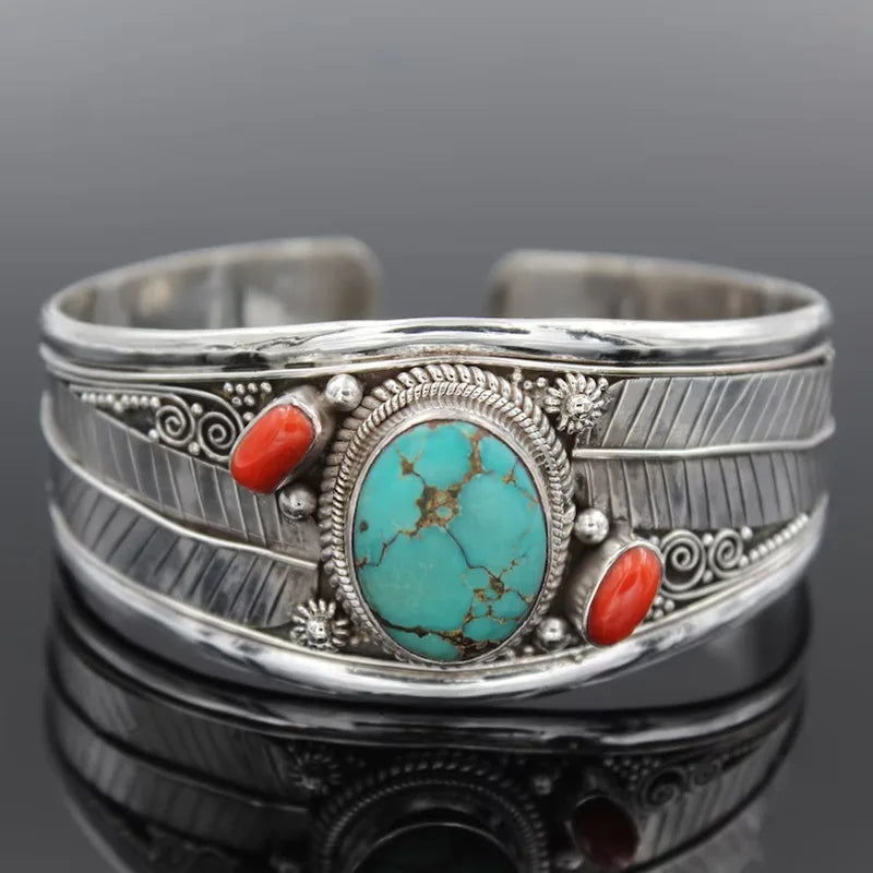 Silver feather turquoise coral cuff