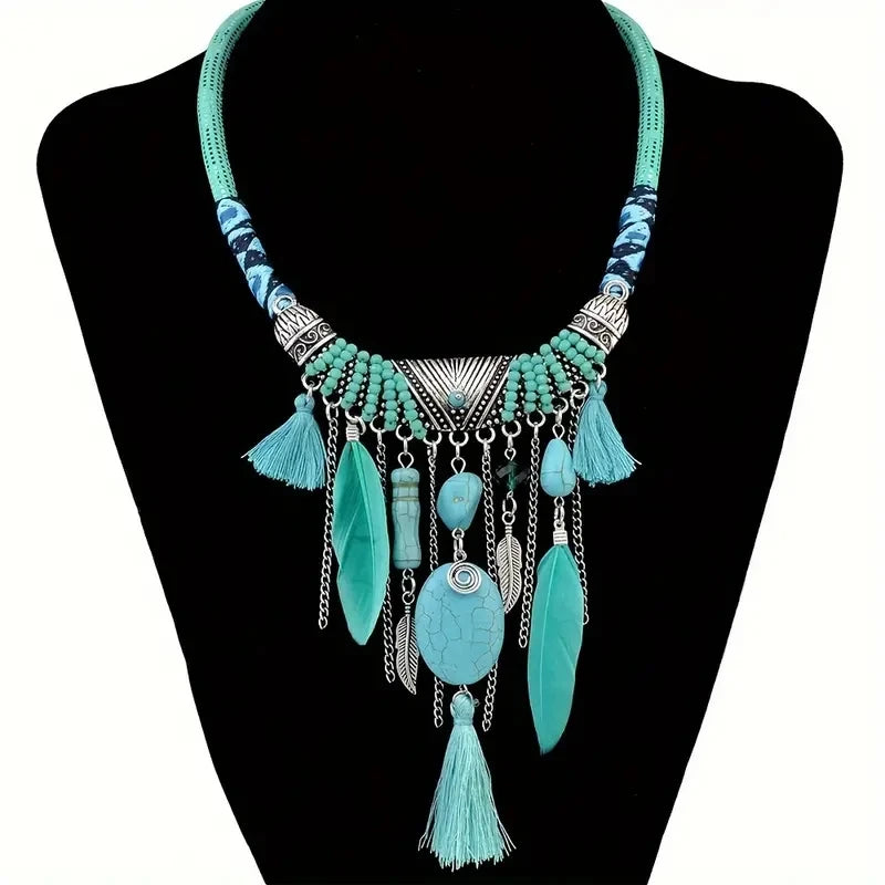Turquoise Feather Tassel Statement Necklace